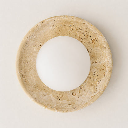 Tondo travertine ceiling light flush mount low profile slim side silhouette ceiling detail