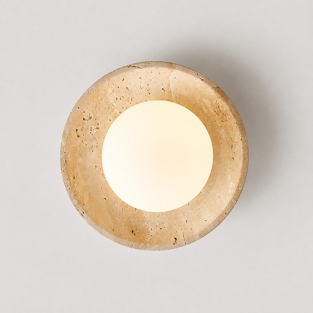 Tondo travertine ceiling light ceiling canopy mount hardwired installation detail close up