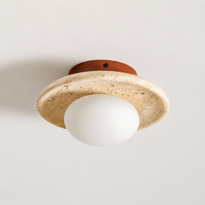 Tondo travertine ceiling light yellow travertine stone milky glass diffuser flush mount low profile minimalist white background