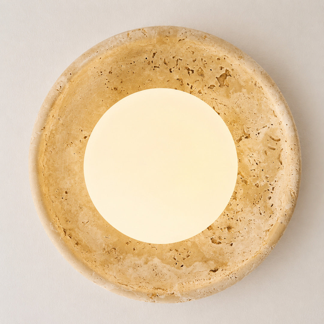 Tondo travertine ceiling light flush mount low profile slim side silhouette ceiling detail