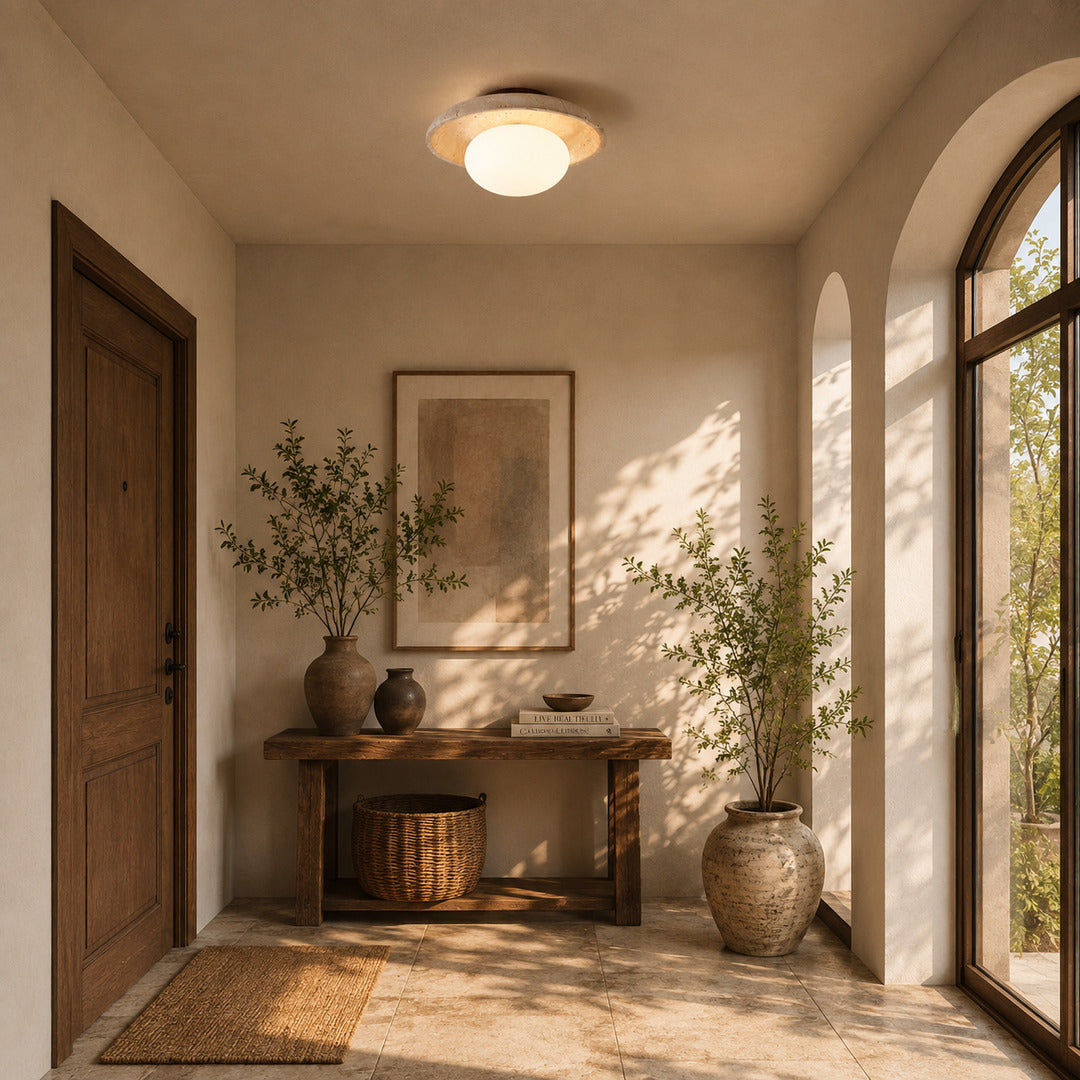 Tondo travertine ceiling light entryway foyer warm glow travertine stone glass flush mount American home lifestyle interior styled