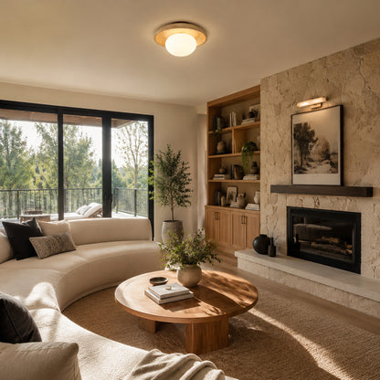Tondo travertine ceiling light living room warm ambient glow travertine stone glass diffuser American home lifestyle interior styled