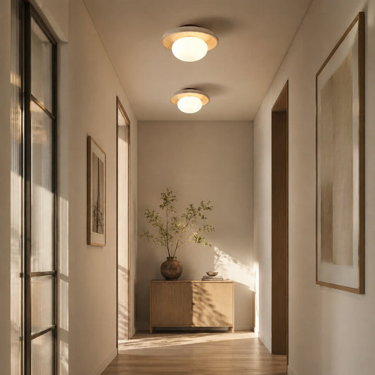Tondo travertine ceiling light hallway corridor low ceiling warm glow travertine stone minimalist American home lifestyle interior styled