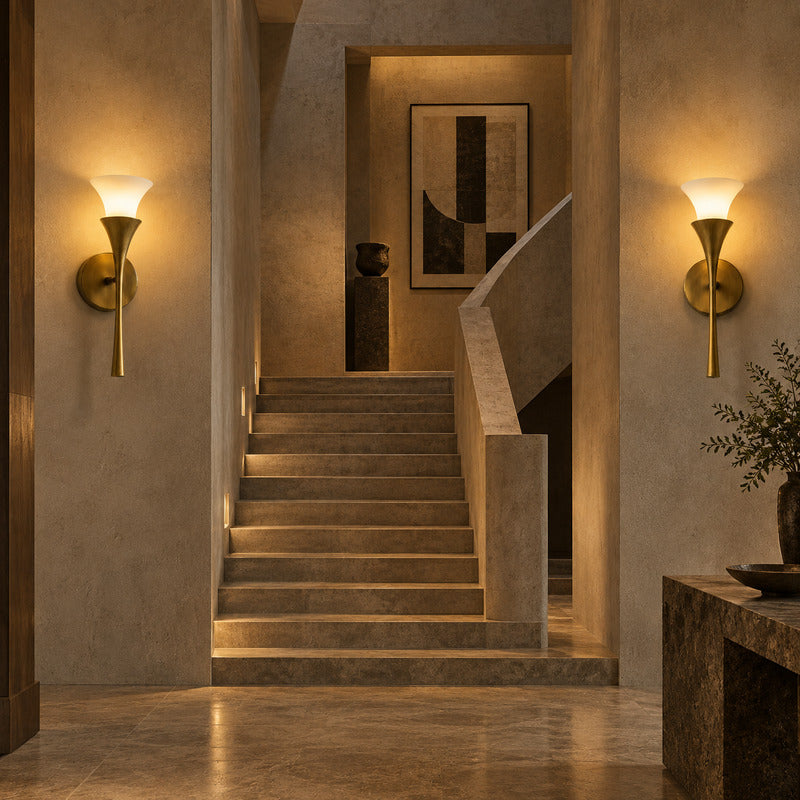 Torcia alabaster wall sconce lighting a staircase wall with a soft upward natural-stone glow