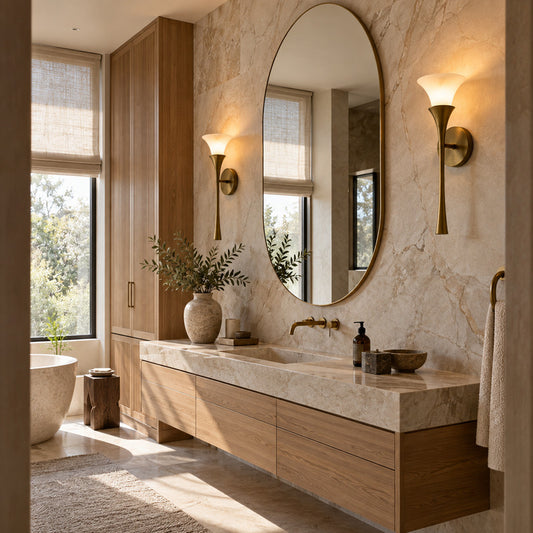 Torcia alabaster wall sconces flanking a mirror in a dry dressing area