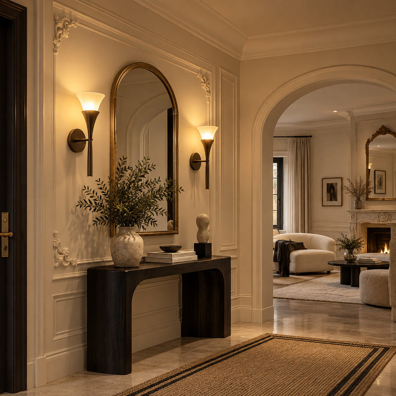 Two Torcia alabaster wall sconces flanking a fireplace for a symmetrical warm uplight