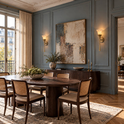 Brushed brass Torcia alabaster wall sconce adding a warm uplight accent to a dining room wall