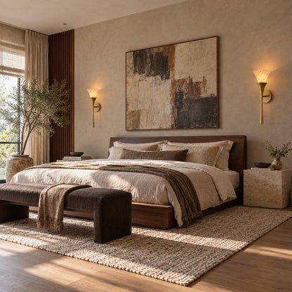 Pair of Torcia alabaster wall sconces flanking a bed as warm torch-style uplights