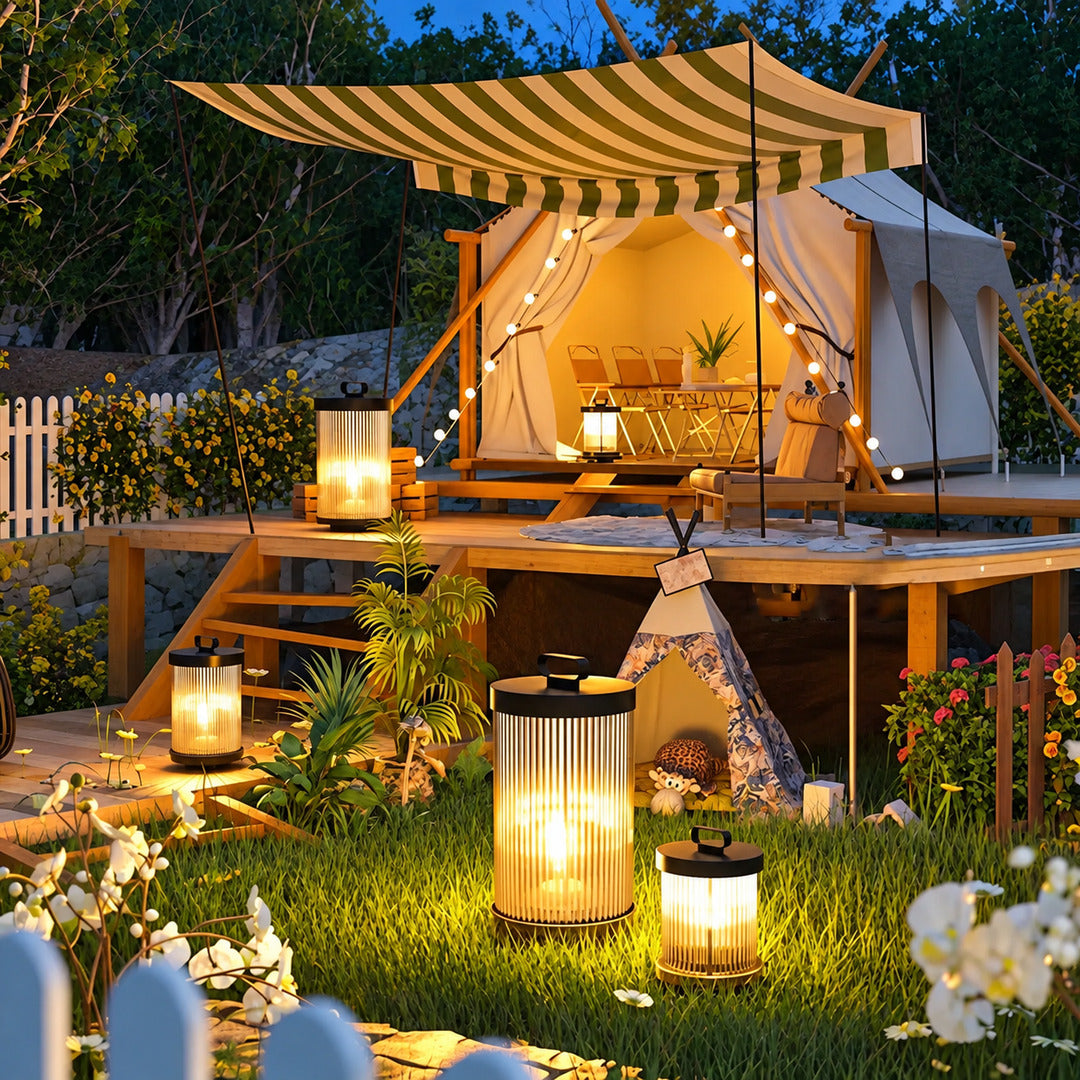 Torre outdoor garden light on a patio adding a warm ambient glow at night