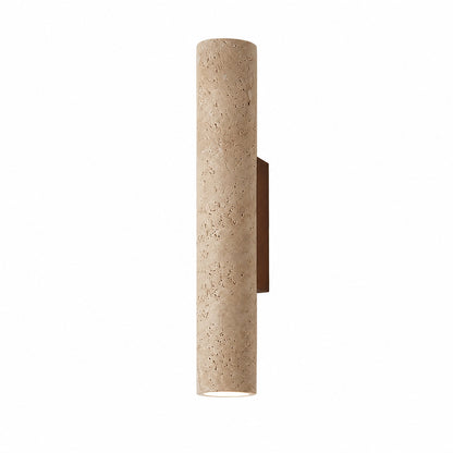 Torre travertine wall sconce yellow travertine stone column walnut wood minimalist sculptural white background