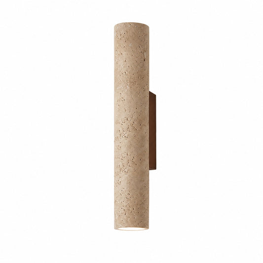Torre travertine wall sconce yellow travertine stone column walnut wood minimalist sculptural white background