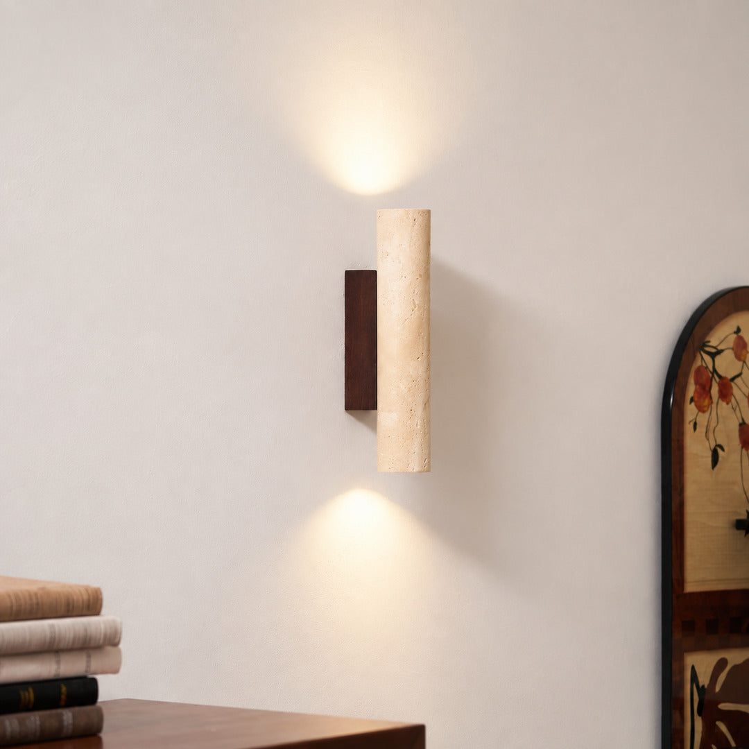 Torre travertine wall sconce living room wall warm glow travertine stone column sculptural American home lifestyle interior styled