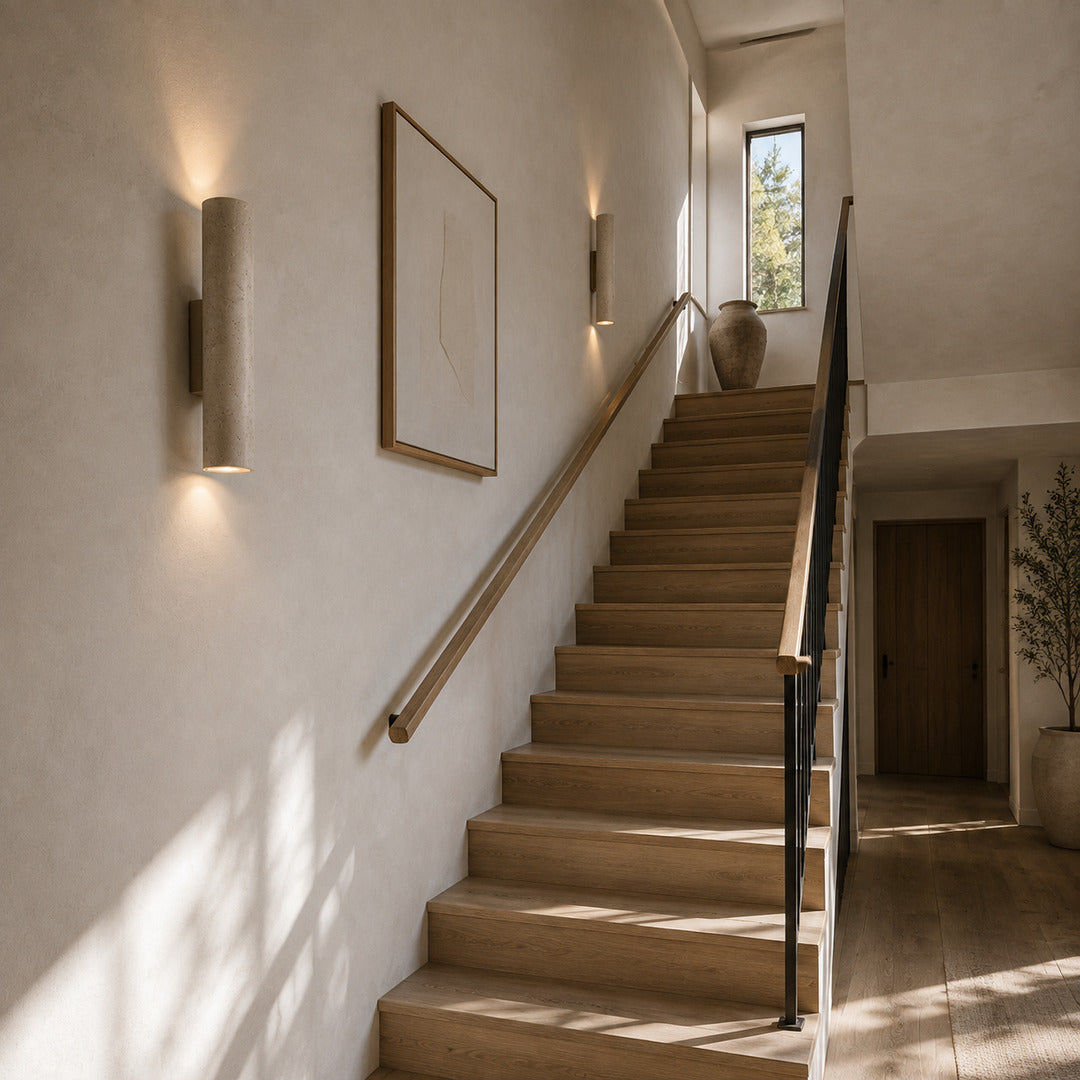 Torre travertine wall sconce staircase stairwell warm glow travertine stone column American home lifestyle interior styled
