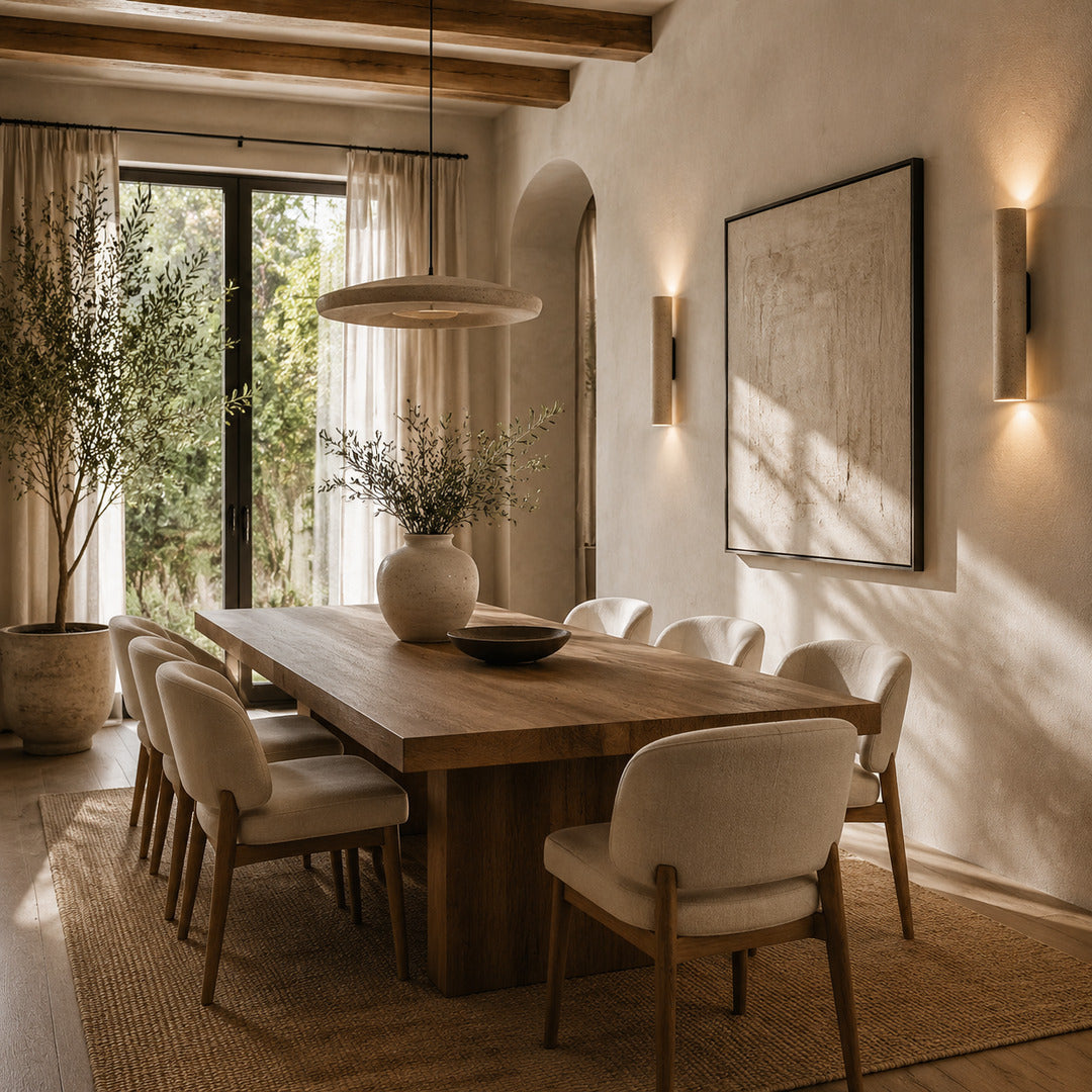 Torre travertine wall sconce living room wall warm glow travertine stone column sculptural American home lifestyle interior styled