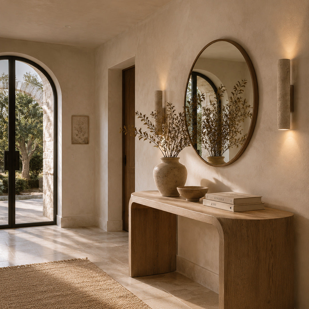 Torre travertine wall sconce entryway foyer warm glow travertine stone column walnut American home lifestyle interior styled