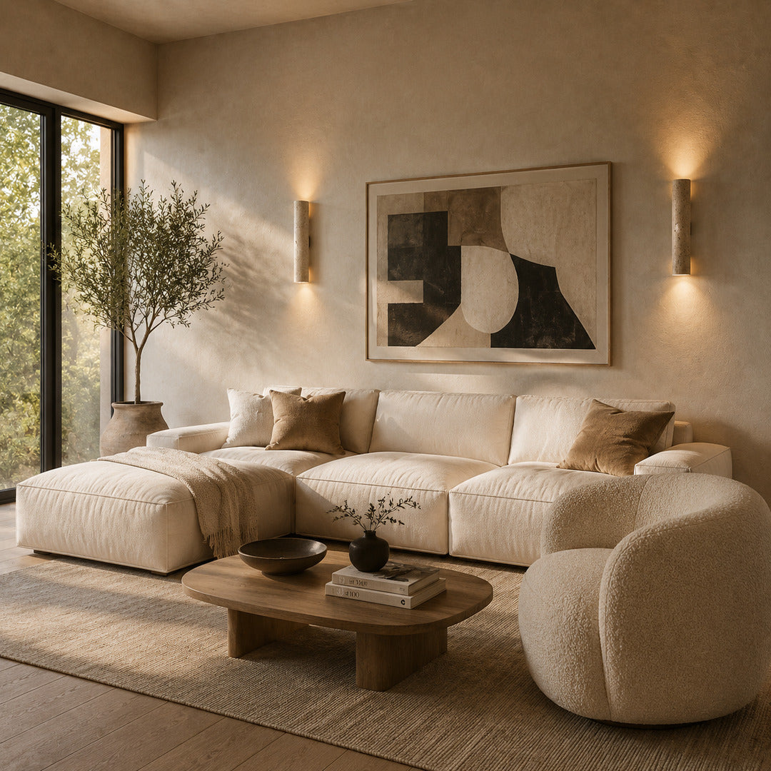 Torre travertine wall sconce living room wall warm glow travertine stone column sculptural American home lifestyle interior styled
