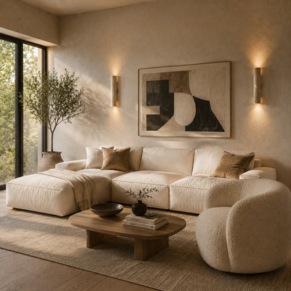 Torre travertine wall sconce living room wall warm glow travertine stone column sculptural American home lifestyle interior styled
