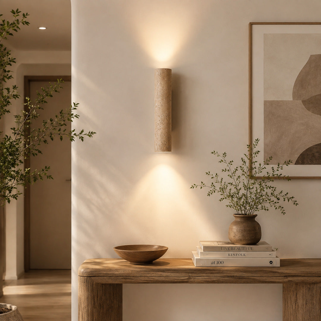 Torre travertine wall sconce wabi sabi japandi natural stone space travertine walnut warm American home lifestyle interior styled