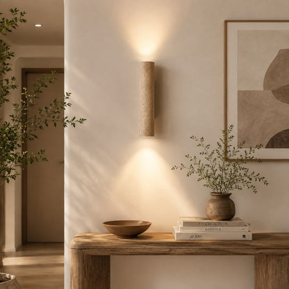 Torre travertine wall sconce wabi sabi japandi natural stone space travertine walnut warm American home lifestyle interior styled