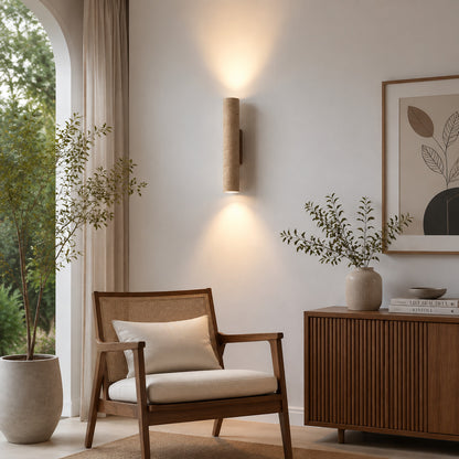 Torre travertine wall sconce living room wall warm glow travertine stone column sculptural American home lifestyle interior styled