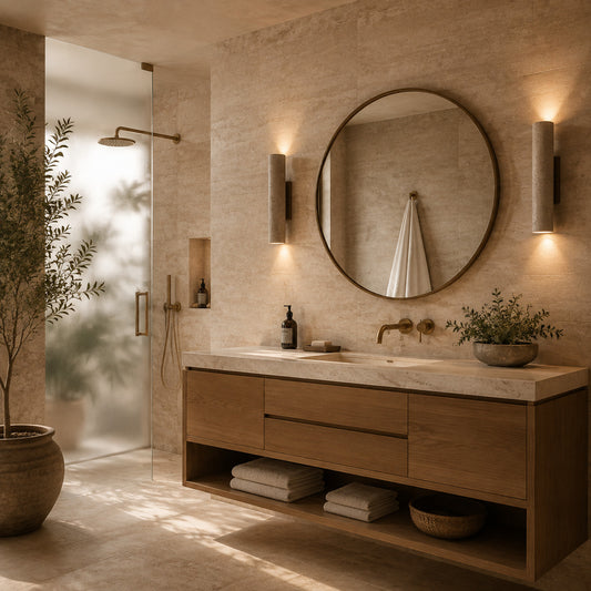 Torre travertine wall sconce illuminated evening warm amber glowing natural travertine stone cozy American home lifestyle interior