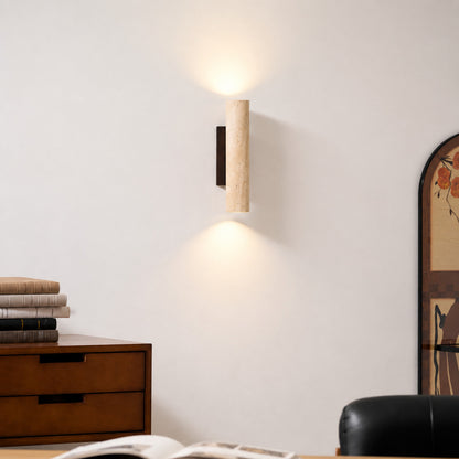 Torre travertine wall sconce living room wall warm glow travertine stone column sculptural American home lifestyle interior styled