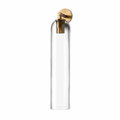 Torva glass wall sconce gold clear cylinder glass shade modern minimal white background front view