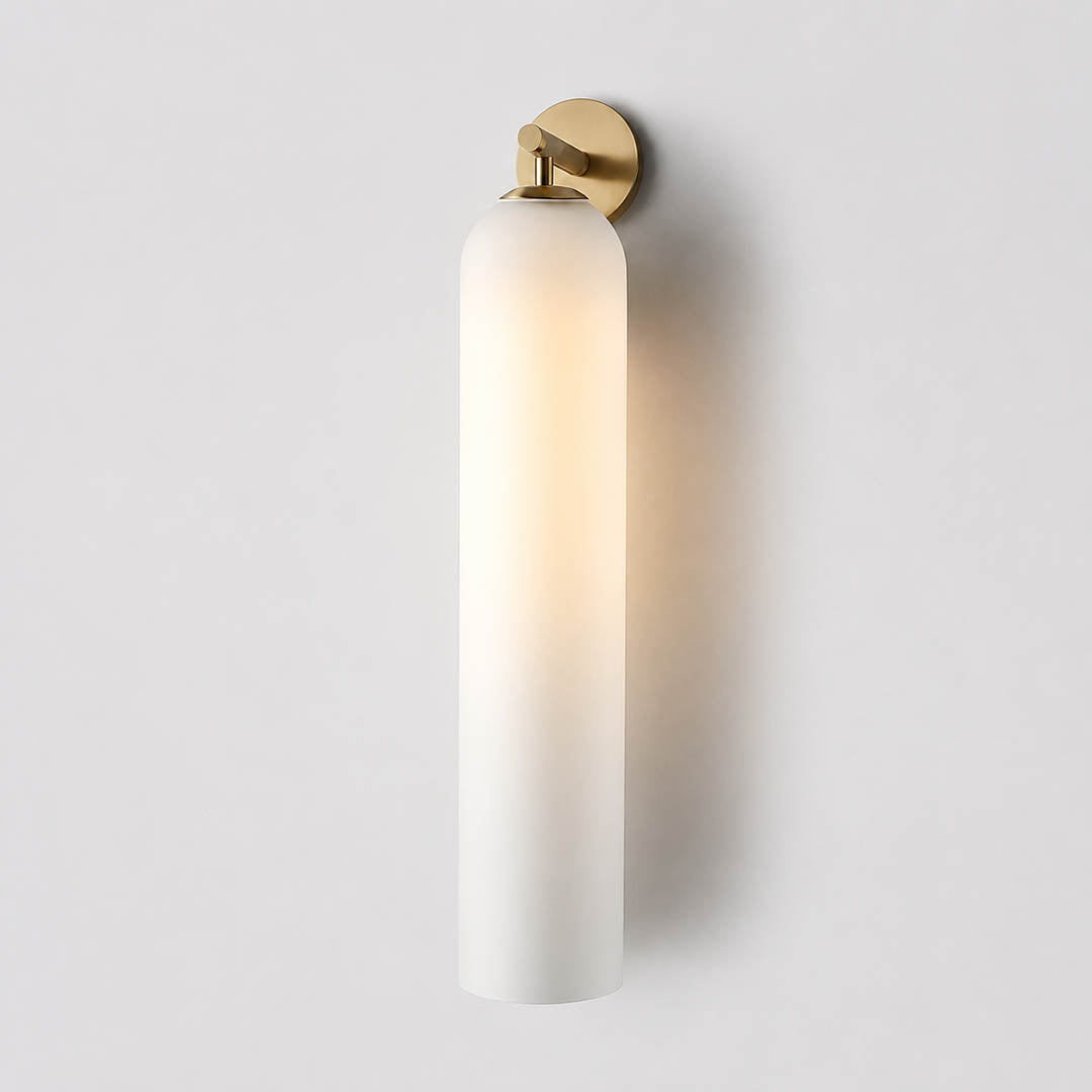 Torva glass wall sconce cylinder glass shade tube form detail close up craftsmanship translucent