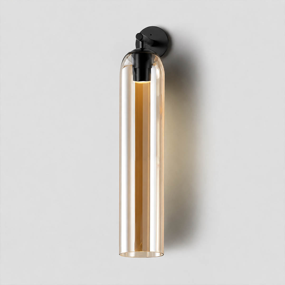 Torva glass wall sconce sand nickel amber cylinder glass shade modern minimal white background front view