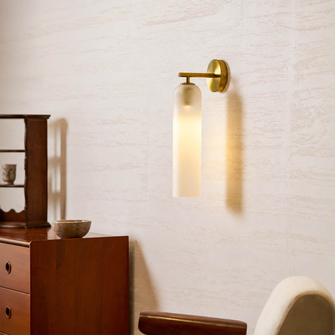 Torva glass wall sconce living room wall cylinder glass modern statement quiet luxury American home lifestyle interior styled