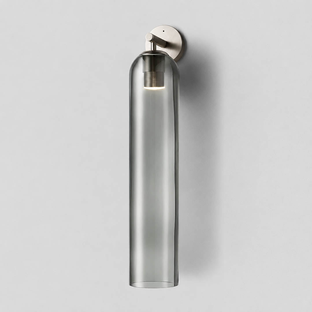 Torva glass wall sconce black smoke gray cylinder glass shade modern minimal white background front view