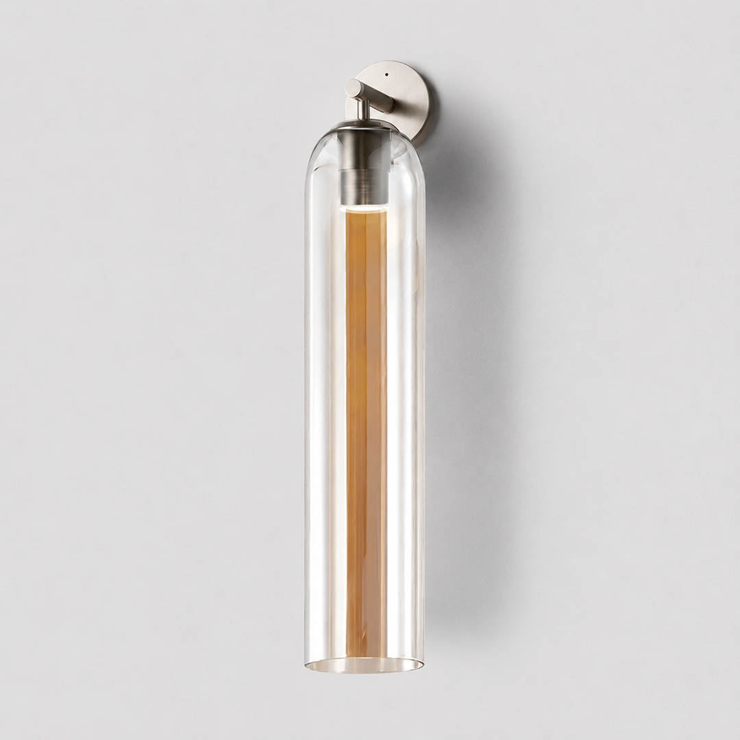 Torva glass wall sconce sand nickel amber cylinder glass shade modern minimal white background front view