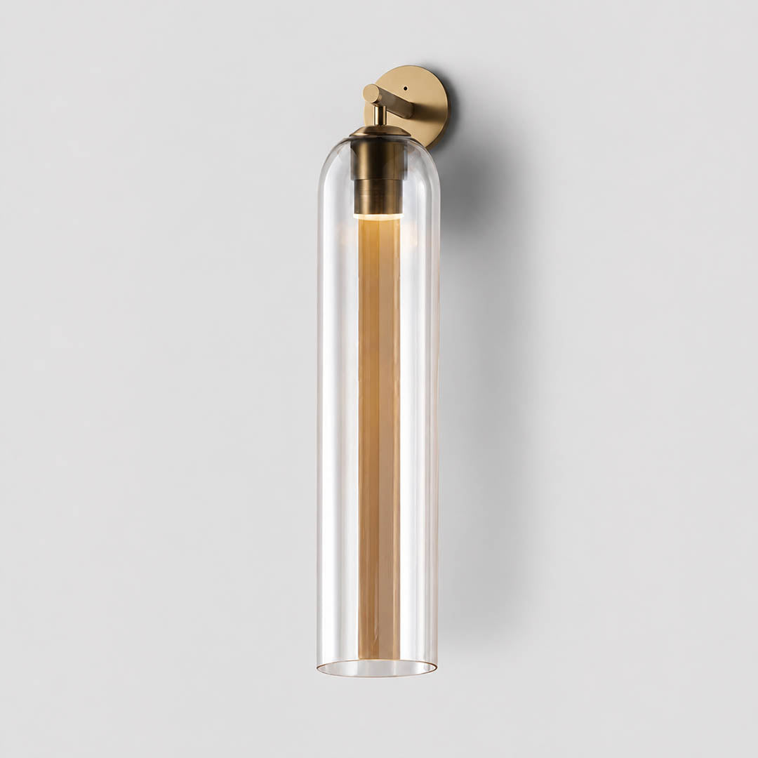 Torva glass wall sconce sand nickel amber cylinder glass shade modern minimal white background front view