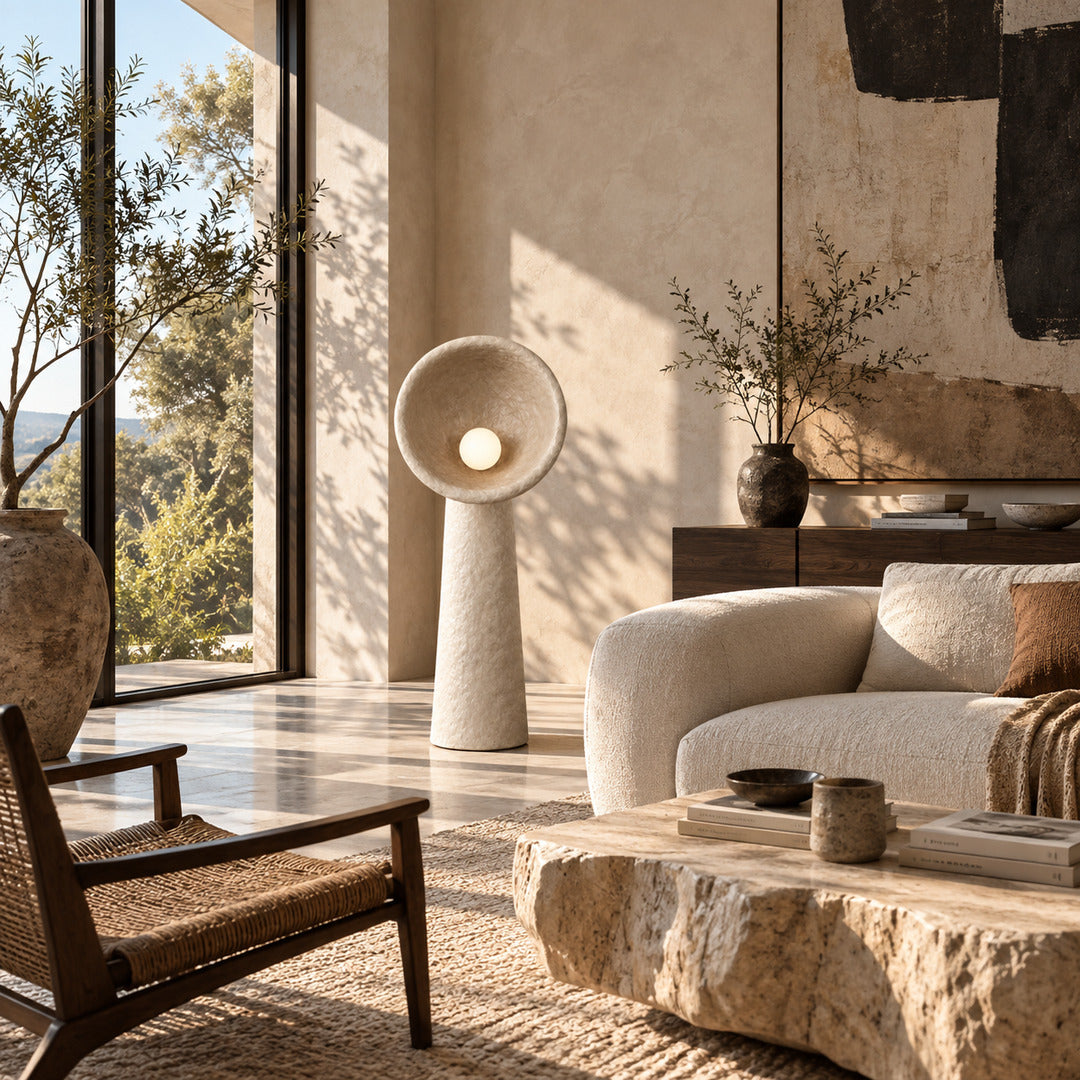 Totem sculptural floor lamp standing beside a sofa as a soft sculptural accent in a living room