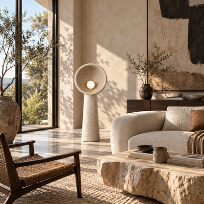 Totem sculptural floor lamp standing beside a sofa as a soft sculptural accent in a living room