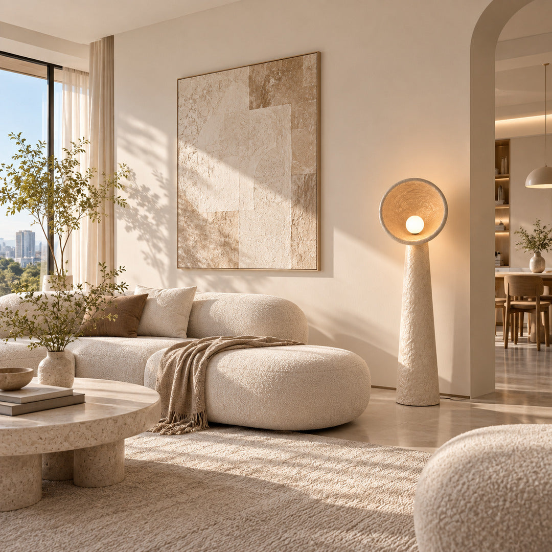 Totem sculptural floor lamp standing beside a sofa as a soft sculptural accent in a living room