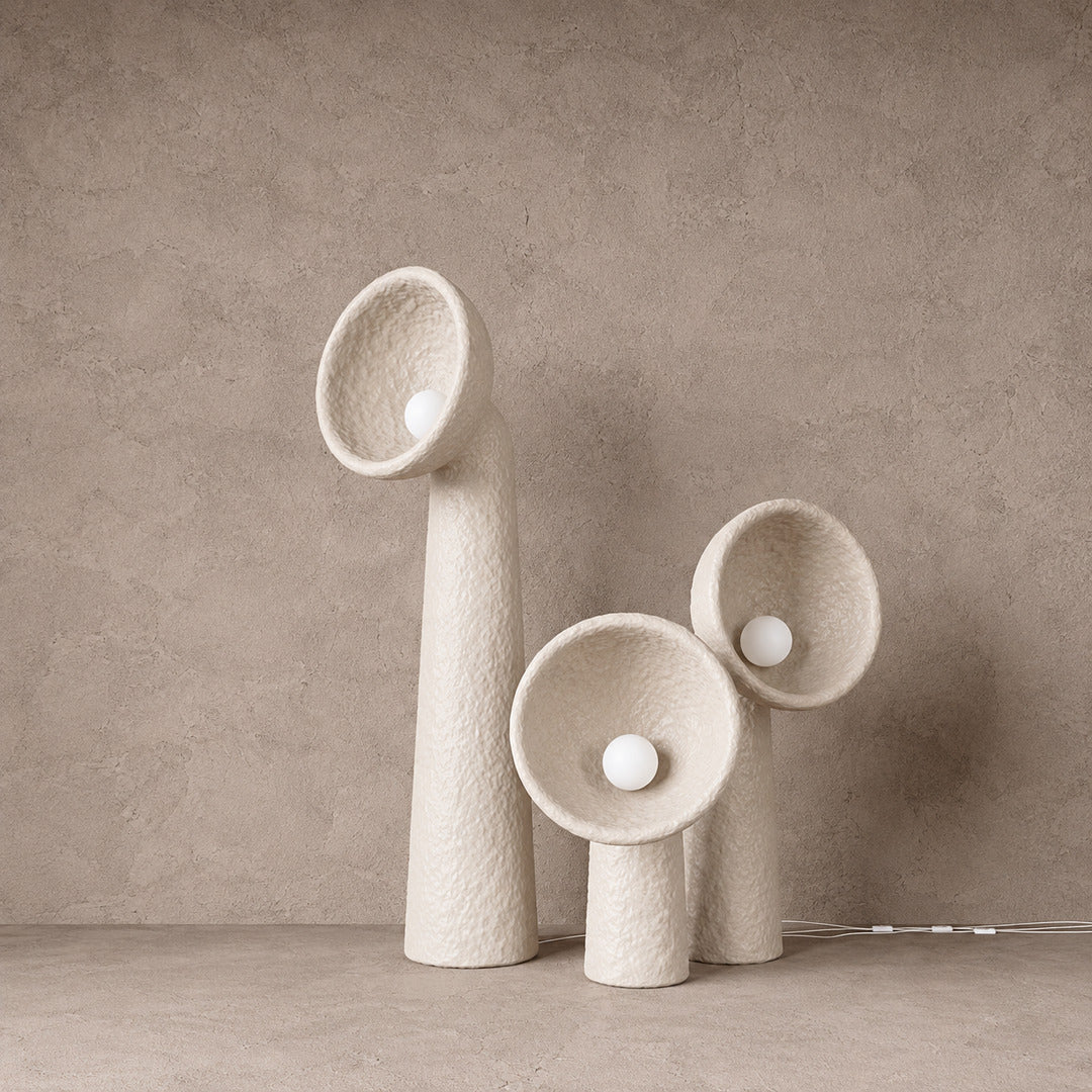 Size chart of the Totem sculptural floor lamp showing the 31.5 39.4 and 58.3 inch heights