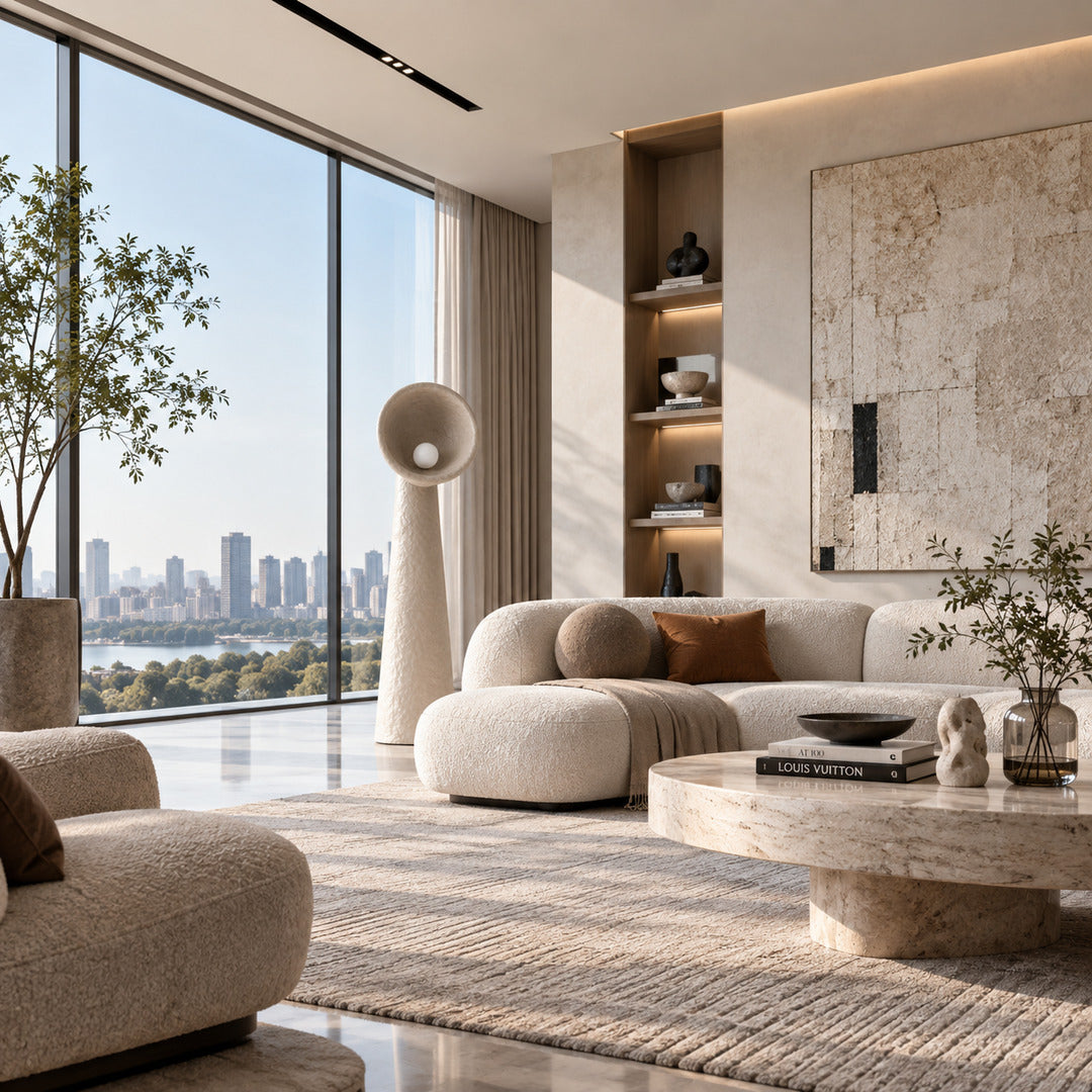 Totem sculptural floor lamp standing beside a sofa as a soft sculptural accent in a living room