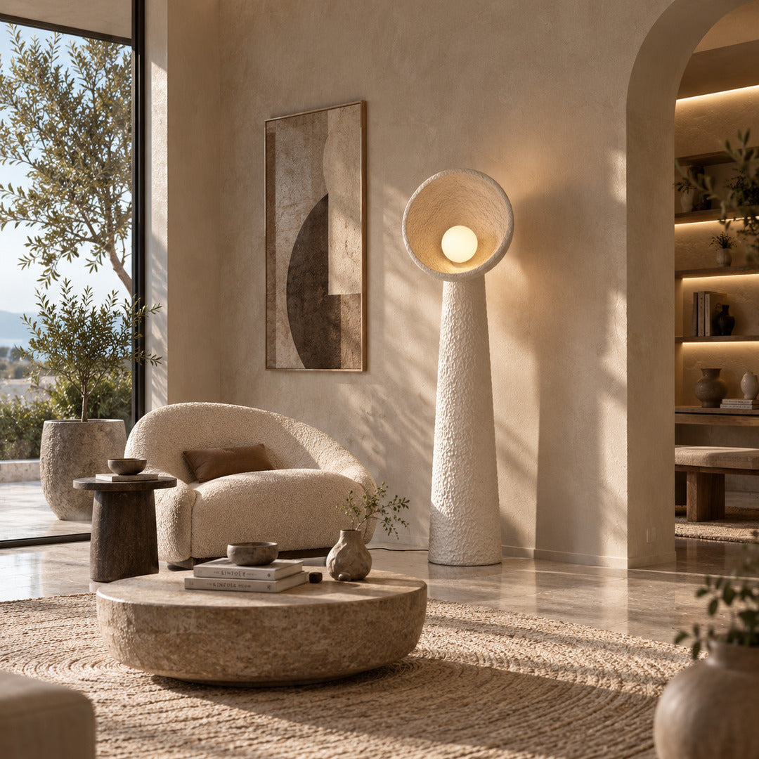 Totem sculptural floor lamp casting a soft warm glow over a corner reading chair