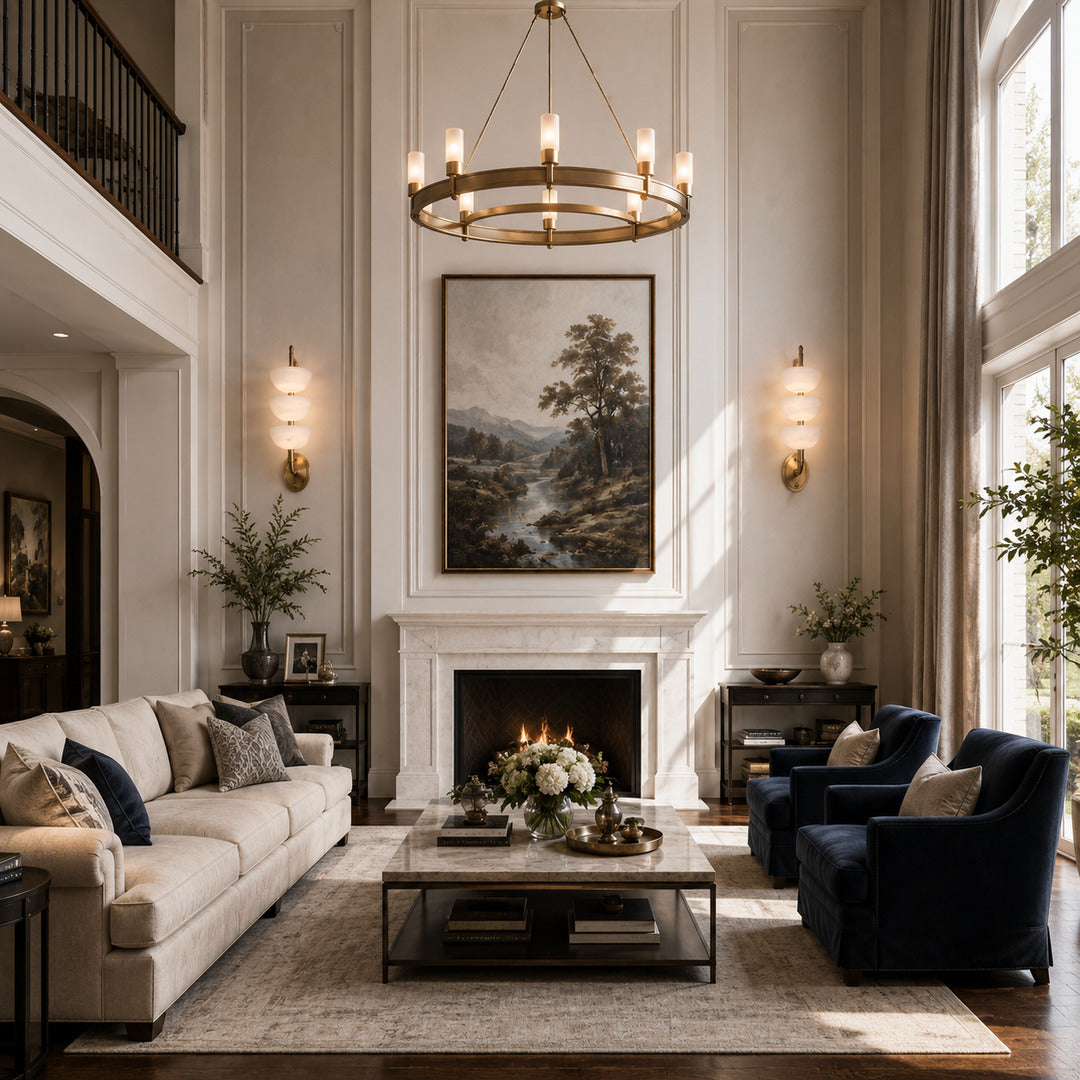 Two Trio alabaster wall sconces flanking a fireplace for a symmetrical warm glow