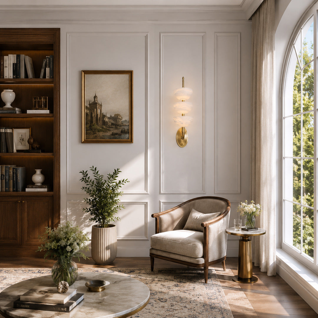 Brass Trio alabaster wall sconce styled in a mid-century modern interior