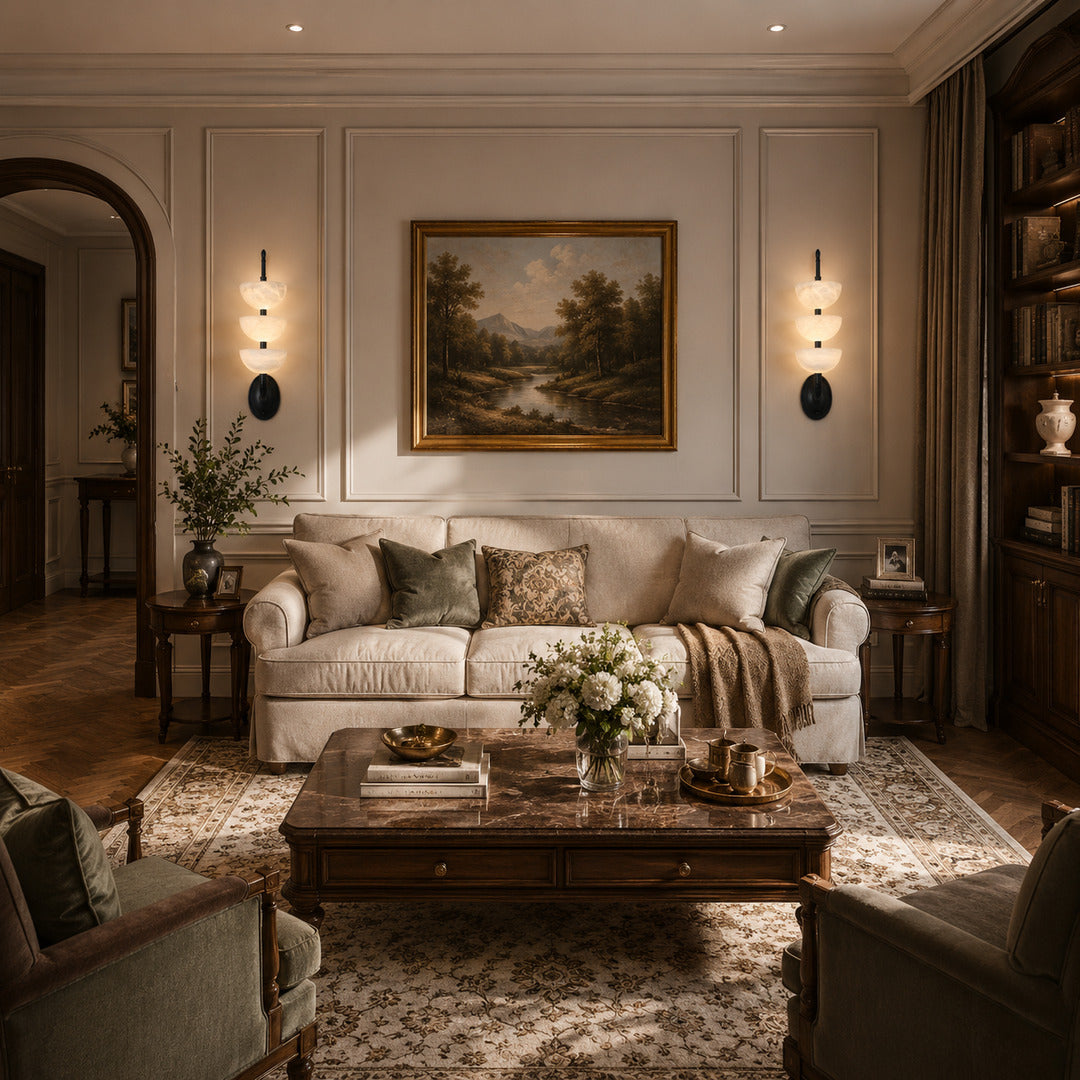 Two Trio alabaster wall sconces flanking a fireplace for a symmetrical warm glow