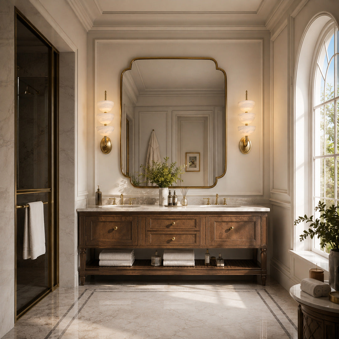 Trio alabaster wall sconces flanking a mirror in a dry dressing area