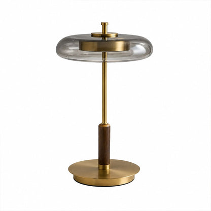 Trio table lamp walnut wood base brass hardware clear glass shade American style modern luxury 15.7 inch bedside entryway dining integrated LED white background