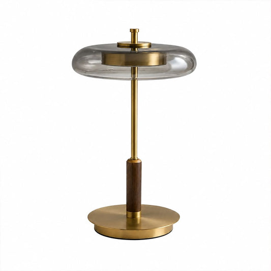 Trio table lamp walnut wood base brass hardware clear glass shade American style modern luxury 15.7 inch bedside entryway dining integrated LED white background