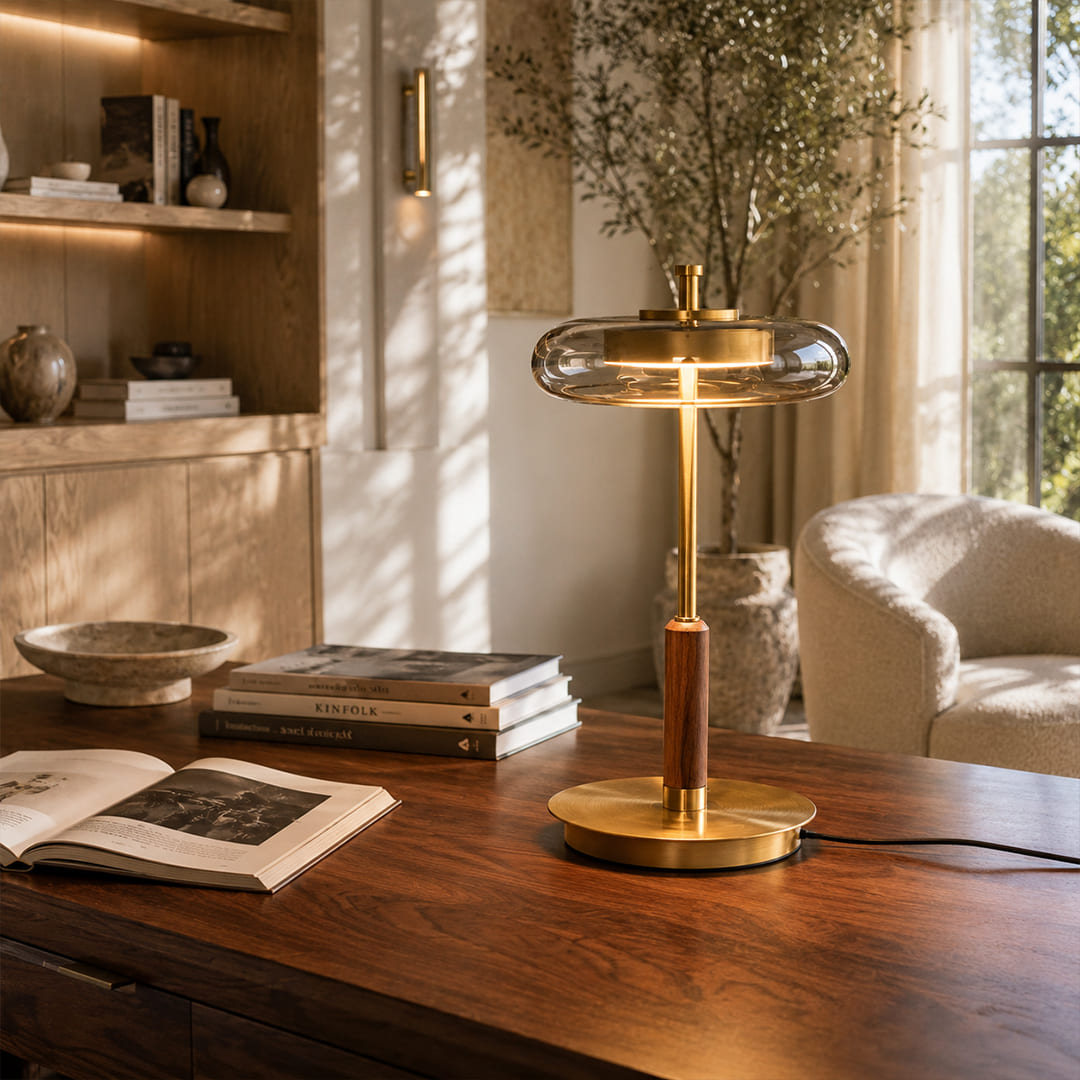 Trio table lamp modern home office study desk workspace walnut brass clear glass American style modern luxury warm 3000K ambient functional focus sophisticated lifestyle interior American home
