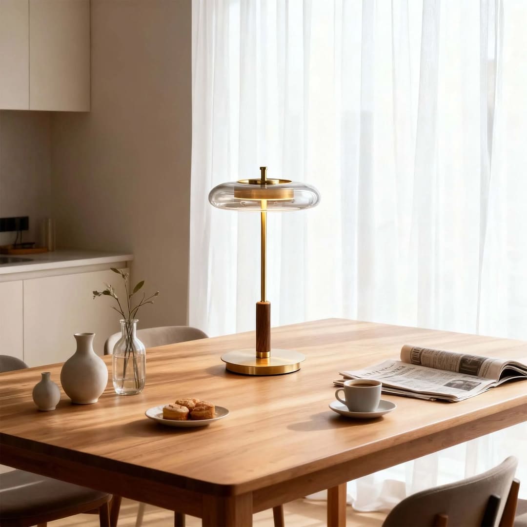 Trio table lamp modern dining room buffet sideboard console accent walnut brass clear glass American style modern luxury warm 3000K ambient evening sophisticated entertaining lifestyle interior American home