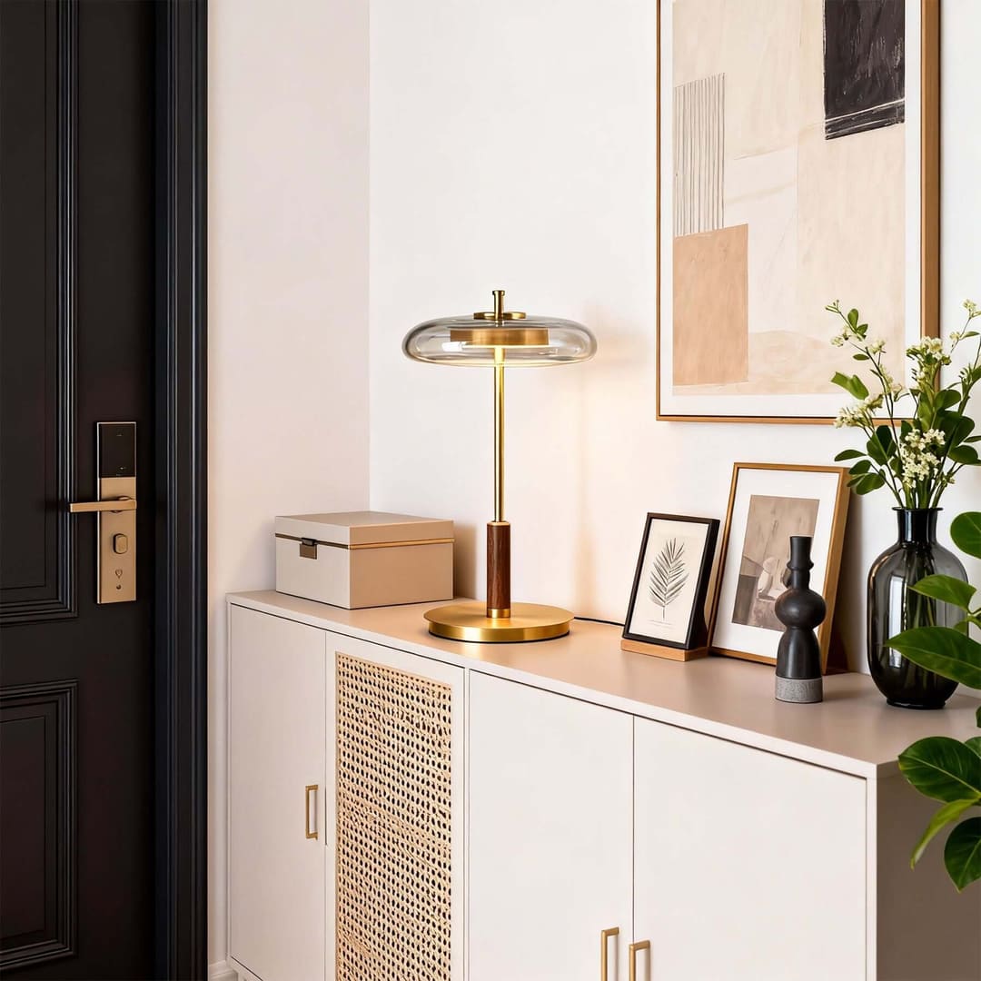 Trio table lamp modern entryway foyer console table welcome walnut brass clear glass American style modern luxury warm 3000K ambient elegant refined lifestyle interior American home