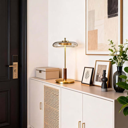 Trio table lamp modern entryway foyer console table welcome walnut brass clear glass American style modern luxury warm 3000K ambient elegant refined lifestyle interior American home