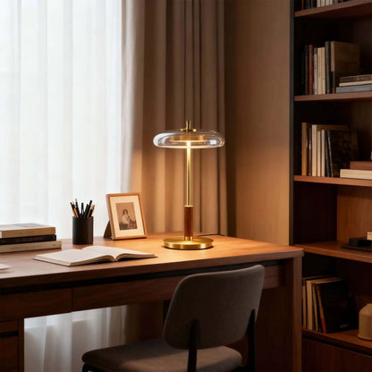 Trio table lamp modern home office study desk workspace walnut brass clear glass American style modern luxury warm 3000K ambient functional focus sophisticated lifestyle interior American home